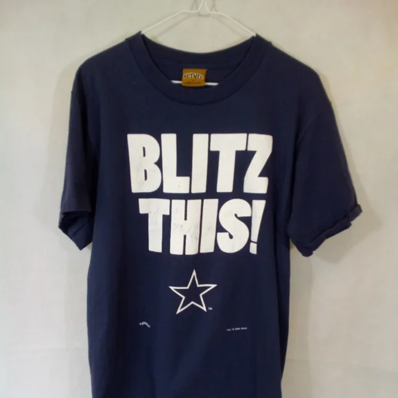 VTG 90's Nutmeg Navy Dallas Cowboys Blitz S/S Pullover Crew Neck T-Shirt Tee M - Picture 1 of 5